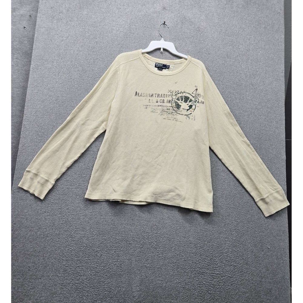 VINTAGE Polo Ralph Lauren Men Shirt 2XL Beige Alaska Graphic Waffle Knit Thermal
